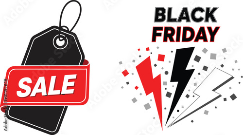 Black Friday sale tag with lightning bolts and confetti shopping discount