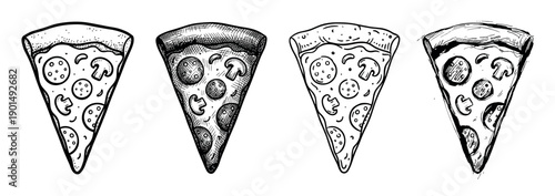 Four hand-drawn pizza slices with pepperoni and mushrooms in a vintage sketch style, a collection of black and white illustrations showing different graphic techniques like hatching
