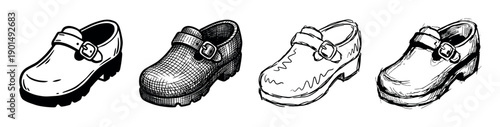 Set of four hand-drawn shoe illustrations in different artistic styles, depicting a classic Mary Jane with a chunky platform sole and a single buckle strap