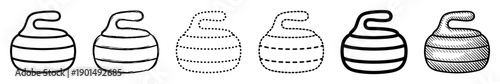 Set of six curling stones illustrated in various hand-drawn styles like outline, sketch, dotted, dashed, and engraved for a winter sports concept