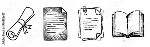 Hand drawn black and white sketch icons of a diploma scroll, document, paperclip, and open book in a doodle style for education and legal concepts