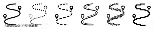 Set of six black route icons showing a winding path between two location pins in various styles like solid, dotted, dashed, scribble, and pixelated for navigation concepts