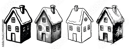 Four hand-drawn black and white houses with snow-covered roofs in a sketchy ink illustration style, showing a collection of charming winter cottage doodles for festive design