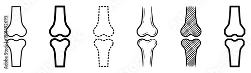 Set of six black bone joint icons showing different design variations like thin line, bold outline, dashed, sketched, and crosshatch fill for medical illustrations