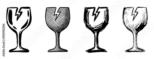 Set of four hand-drawn fragile symbols showing a broken wine glass, illustrated in a black and white sketchy style for shipping and packaging warning labels