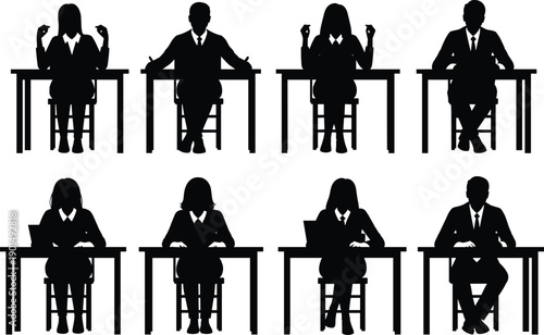 Black silhouettes of business people sitting at desks office
