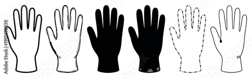 Set of six protective rubber glove illustrations in various artistic styles like outline, silhouette, dashed line, and continuous one-line drawing for cleaning or medical concepts