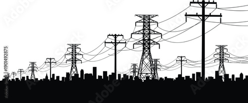 Black silhouette of power lines and towers over city skyline transmission towers