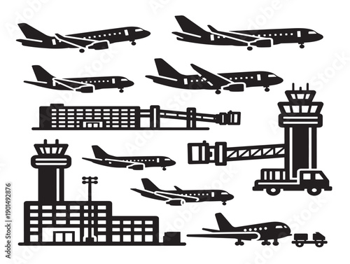 Elegant airplane and airport silhouettes with a simple and beautiful black outline