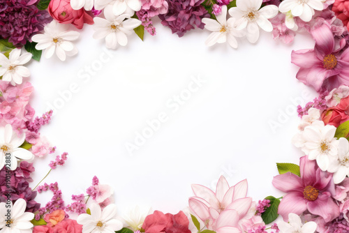 A photo frame of fresh pastel flowers with a blank center for text. Includes gerberas, tulips, peonies in soft colors. For designs and announcements