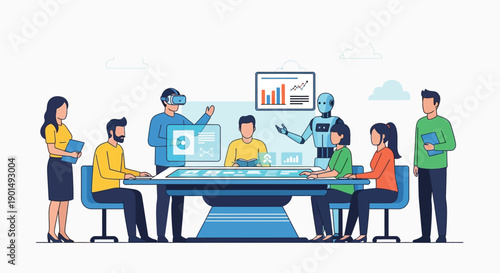 Futuristic business meeting showcasing virtual reality and AI integration for collaborative