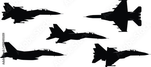 Black silhouettes of five fighter jets on white background aircraft
