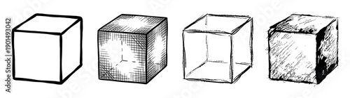 Four hand-drawn rectangular prisms presented in a collection of different artistic styles, from a clean outline to a heavily shaded and textured sketch