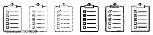 Set of black clipboard checklist icons in various line styles including solid, dashed, dotted, and hand-drawn sketch for task management and productivity concepts
