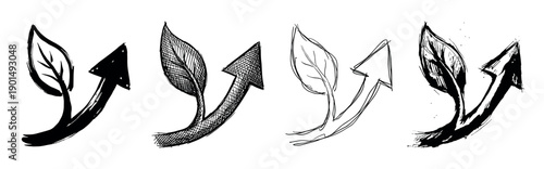 Set of four hand-drawn black arrow icons with leaves symbolizing growth and sustainability, rendered in various artistic sketch styles like solid, hatched, and outline