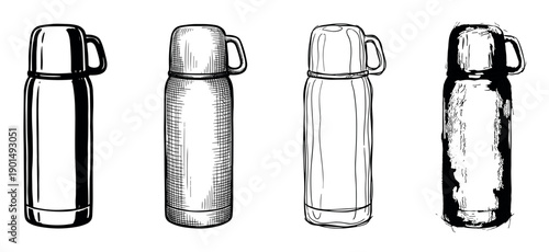 Set of four hand-drawn thermos flasks in various artistic styles, including graphic, sketch, line art, and grunge, showing different illustration techniques for a reusable container