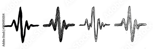 Set of four hand-drawn soundwaves in different artistic sketch styles, illustrating concepts of audio, voice, heartbeat, pulse, and musical rhythm in a minimalist black ink design