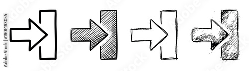 Set of four hand-drawn login icons showing an arrow pointing right towards a line, illustrated in various sketch, doodle, and grunge textures for web interfaces