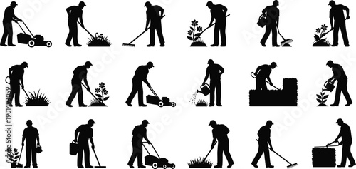 Black silhouettes of men performing various gardening tasks gardeners