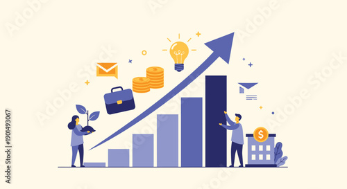 Illustrative depiction of financial growth and business success with rising bar graph and upward
