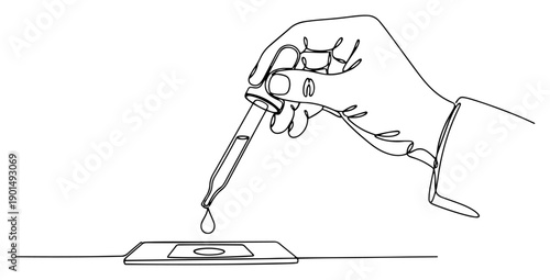 Laboratory experiment one line drawing, hand holding pipette with liquid drop on glass slide continuous line art