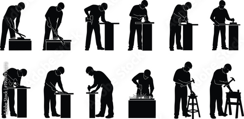 Black silhouettes of men working with tools at workbenches workers