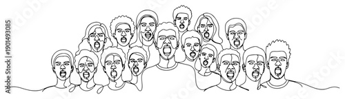 Crowd of people shouting or singing one line drawing, choir or protest group continuous line art portraits