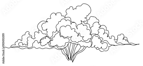 Smoke cloud or explosive dust one line drawing, continuous line art of bush or abstract environmental pollution