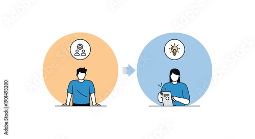 Vector illustration of people exchanging ideas, thought bubble transfer, concept for teamwork or communication, for presentation or website, isolated on transparent background, png