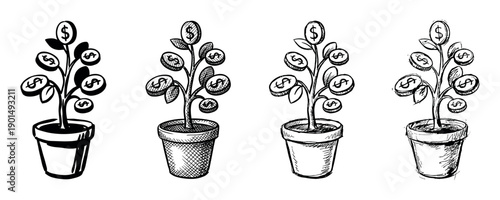 Four hand-drawn money tree illustrations with dollar coins growing on branches in a pot, a conceptual sketch representing financial growth, investment, and wealth