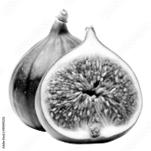 Fig vintage y2k halftone art, botanical fruit stipple brutalist retro vector png with transparent background, bold 2000s aesthetic photocopy effect tattoo