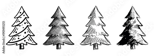 Four hand-drawn Christmas trees in various sketch styles, a collection of festive evergreen doodles with different hatching and line art techniques for holiday design elements