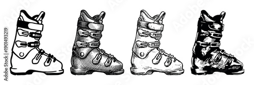 Four hand-drawn ski boots in a collection showcasing different black and white graphic styles from simple outline to detailed cross-hatching and high-contrast ink sketch