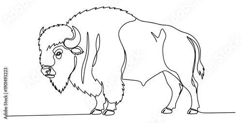 Bison or American buffalo one line drawing, continuous line art of powerful mammal for wilderness and nature conservation