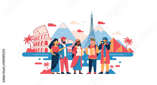 Diverse group of tourists exploring iconic global landmarks with maps and cameras on a bright day