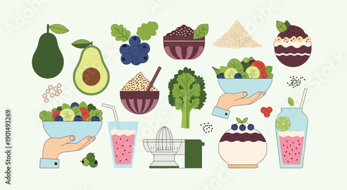 Vibrant and Diverse Healthy Food Illustrations Featuring Fruits Vegetables and Prepared Dishes for