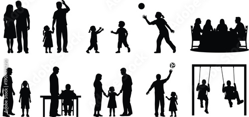 Black silhouettes of people in various activities family children adults