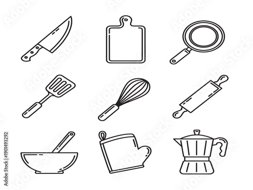 Beautiful kitchen tools line art with a simple and gorgeous chef equipment outline