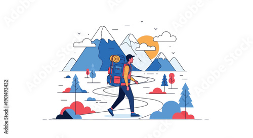 A solitary hiker embarks on a scenic mountain trail amidst a stylized natural landscape