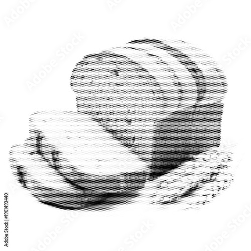 Sliced wheat bread vintage y2k halftone art, wholesome bakery staple stipple brutalist retro vector png with transparent background, bold 2000s aesthetic photocopy effect tattoo