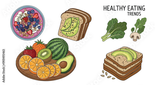 Vibrant illustrations of healthy food options and dietary trends in a clean design
