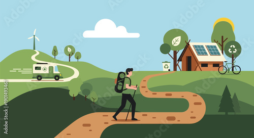 Eco-friendly exploration and sustainable living amidst rolling green hills and blue sky