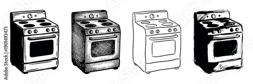 Four hand-drawn kitchen stove illustrations in various artistic styles, including line art, cross-hatching, and high-contrast ink sketch for a graphic, monochrome look