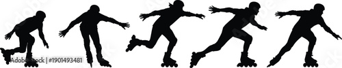 Black silhouettes of people rollerblading in different poses white background
