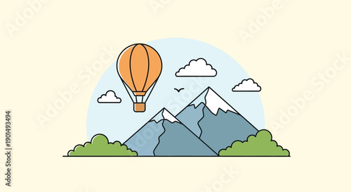 Scenic hot air balloon journey above majestic snow-capped mountains and fluffy clouds