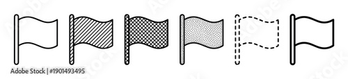 Set of six black and white flag icons with different outline styles and fill patterns like stripes, crosshatch, stippling, and a dashed line for UI design elements