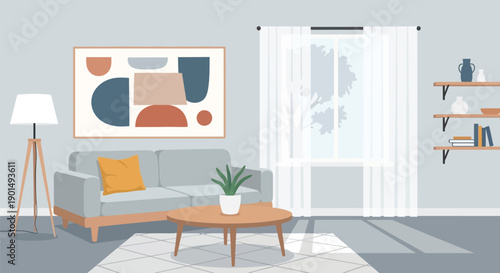 Cozy modern living room interior design with abstract art and natural light streaming in