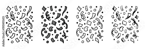 Set of four hand-drawn confetti patterns with streamers and ribbons in a black and white doodle style for festive celebrations, parties, and holiday designs