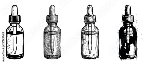 Four black and white dropper bottle illustrations in various artistic styles including graphic, sketch, and engraving for cosmetic or medicinal product concepts