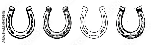 Four black and white horseshoe illustrations in a row, showcasing different artistic styles from clean graphic icon and simple line art to detailed engraving and rough sketch